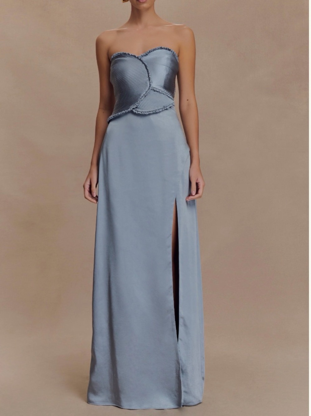 Larissa Satin Maxi Dress With Ruched Petals - Frosted Blue Strapless Light Blue